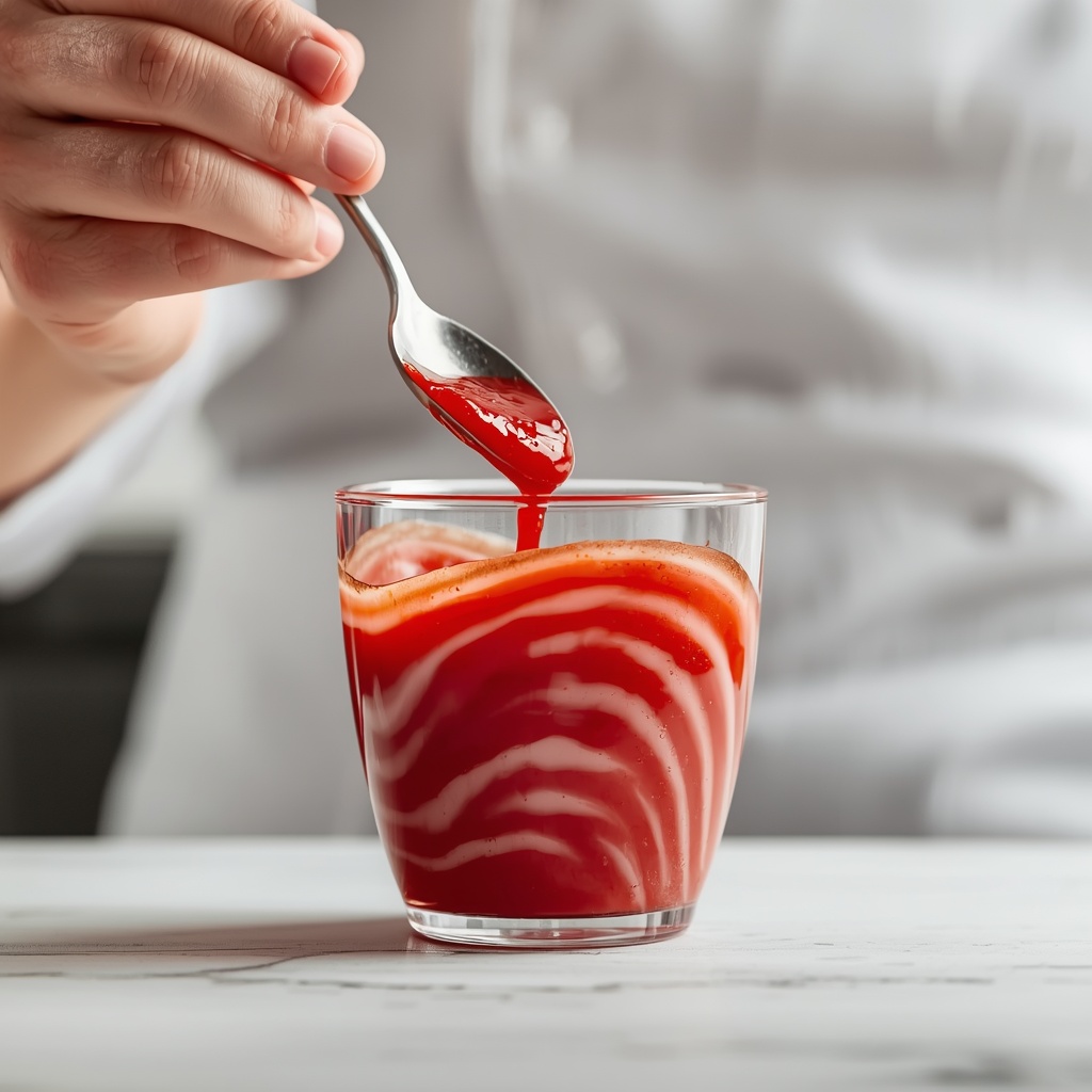 Добавление фруктового джема в стакан с чаем bubble tea — красивый эффект при растворении