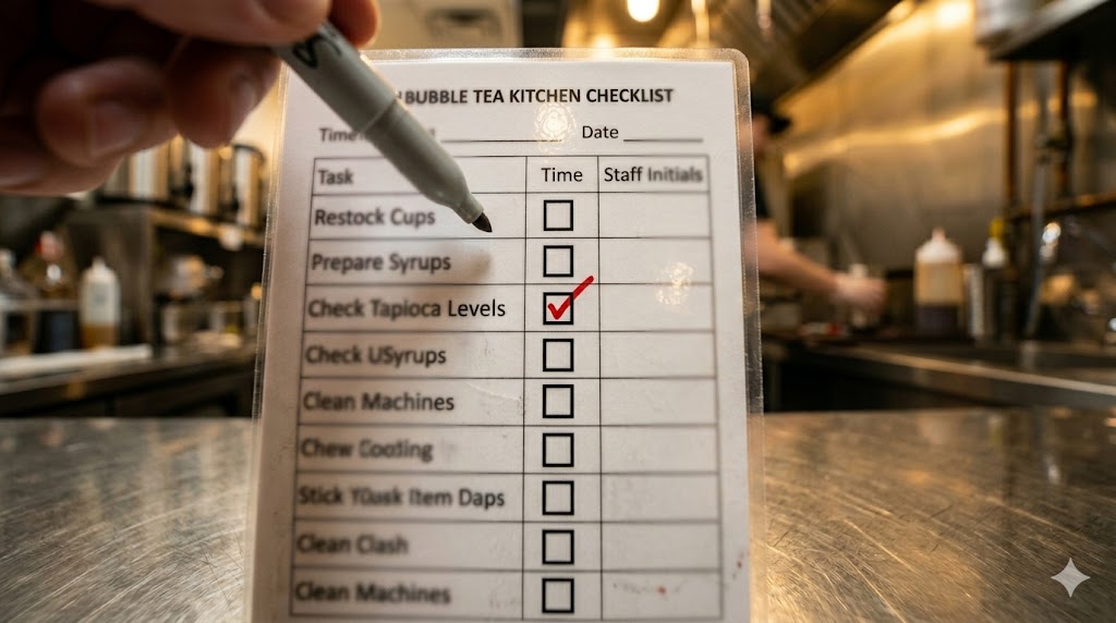 Чек-лист навчання персоналу на кухні bubble tea — ламінований аркуш на стіні