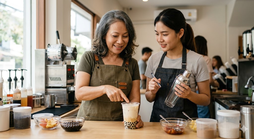 Навчання бариста bubble tea: наставник показує новачку збірку напою