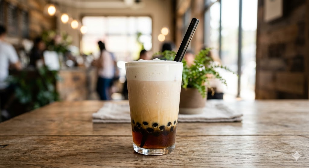 Напиток bubble tea с белой пенкой на черном чае