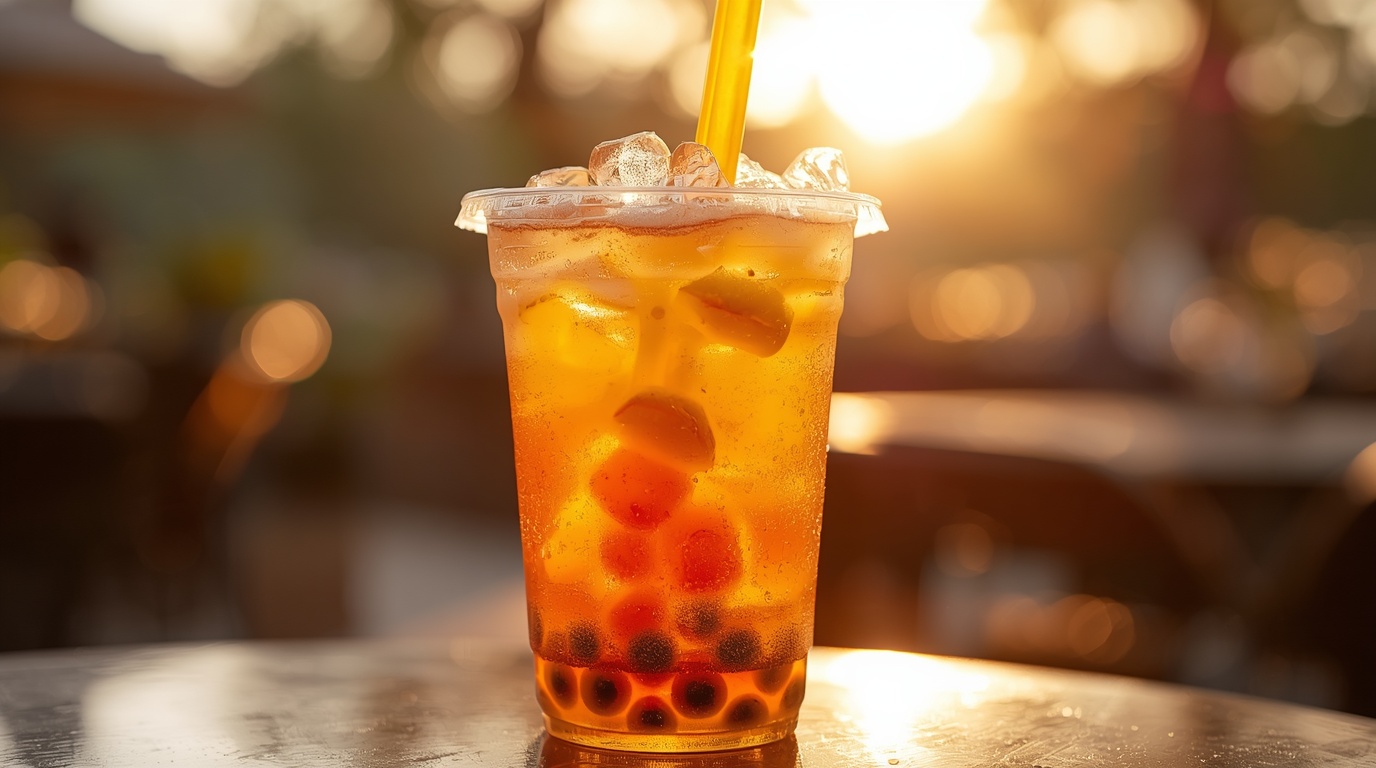 Фруктовый коктейль bubble tea с popping boba: яркий летний напиток на закате солнца