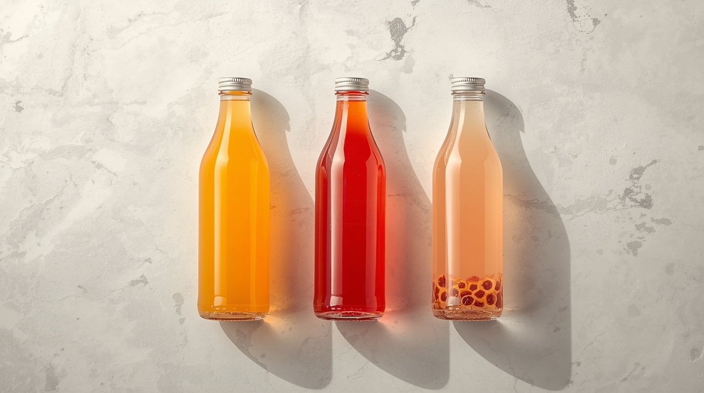 Сиропы для фруктового bubble tea: манго, маракуйя, личи — три бутылки на минималистичном фоне
